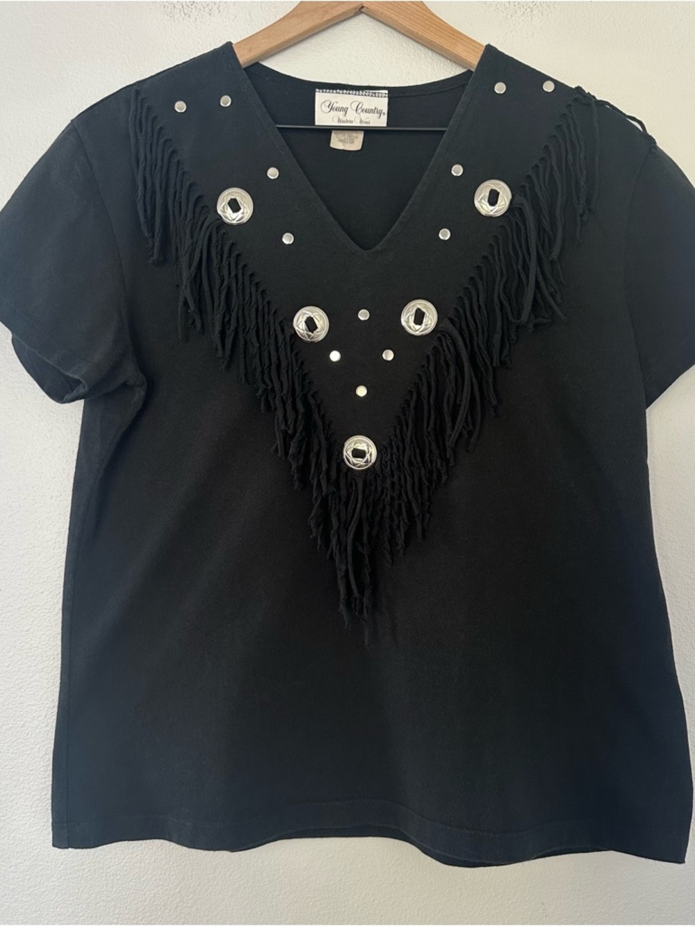 Vintage USA Made Young Country Studded Fringe T Shirt Black Western Cowgirl Sz M